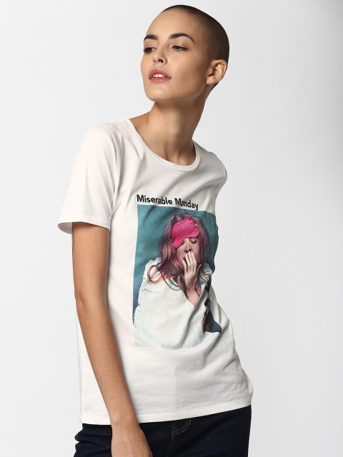

ONLY Women White Printed Round Neck T-shirt
