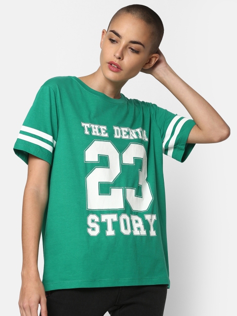 

ONLY Women Green Printed Round Neck Pure Cotton T-shirt