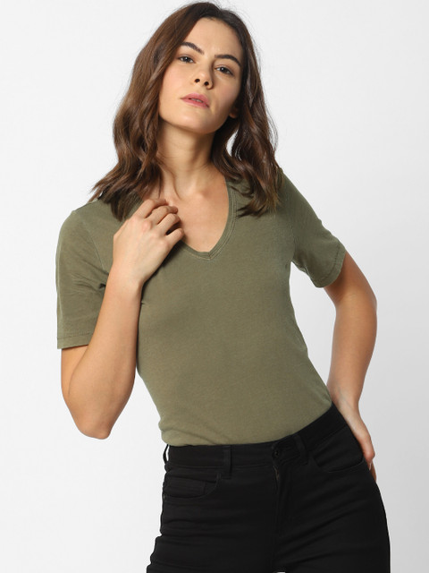 

ONLY Women Olive Green Solid V-Neck Pure Cotton T-shirt
