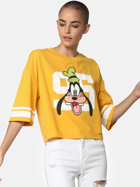 

ONLY Women Yellow White Printed Round Neck Boxy Goofy Pure Cotton T-shirt