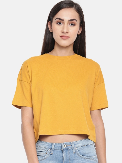 

ONLY Women Mustard Yellow Solid Round Neck T-shirt