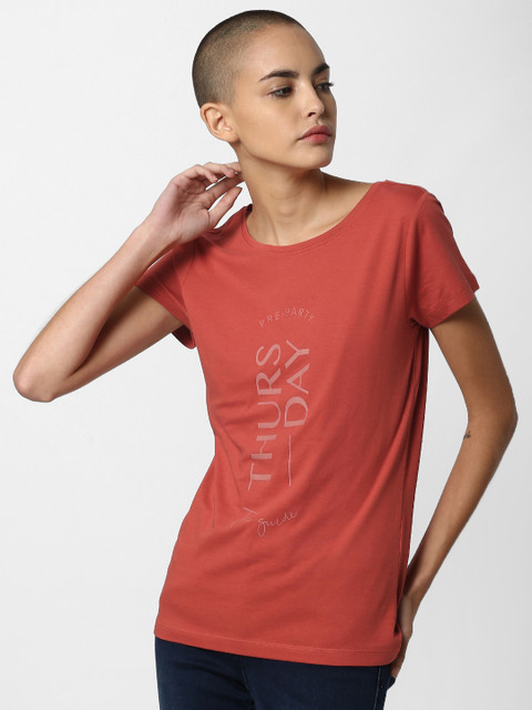 

ONLY Women Red Printed Round Neck Pure Cotton T-shirt