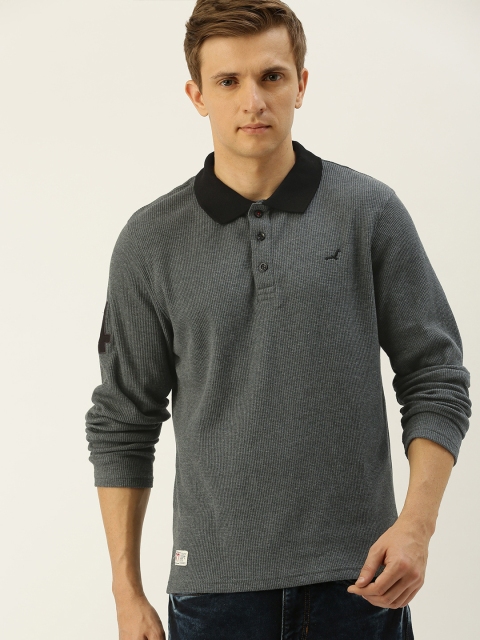 

American Crew Men Grey Self Design Polo Collar T-shirt
