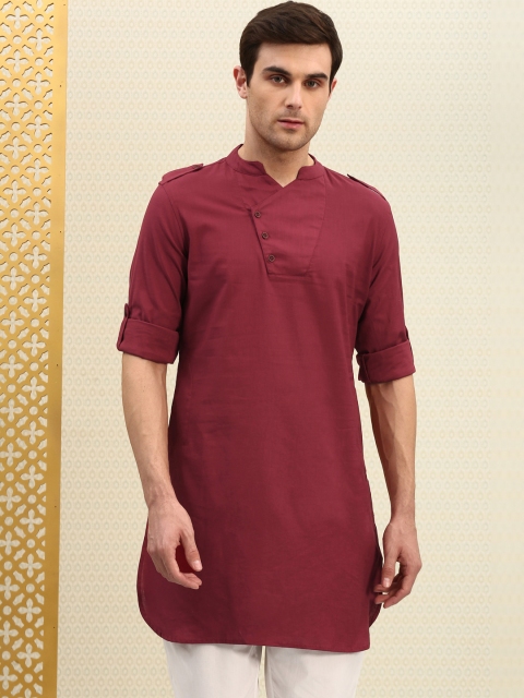 

House of Pataudi Men Maroon Solid Straight Kurta