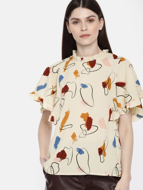 

Vero Moda Women Beige Abstract Print Flutter Sleeve Top