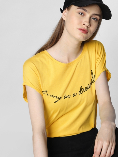 

Vero Moda Women Yellow Printed Round Neck Pure Cotton T-shirt