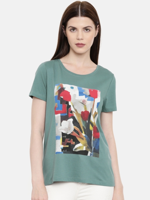 

Vero Moda Women Green Printed Round Neck Pure Cotton T-shirt