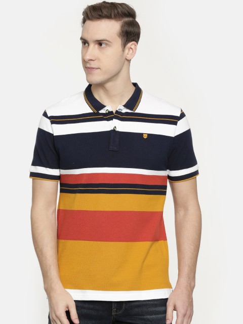

Wrangler Men Navy Blue & Mustard Yellow Striped Polo Collar T-shirt
