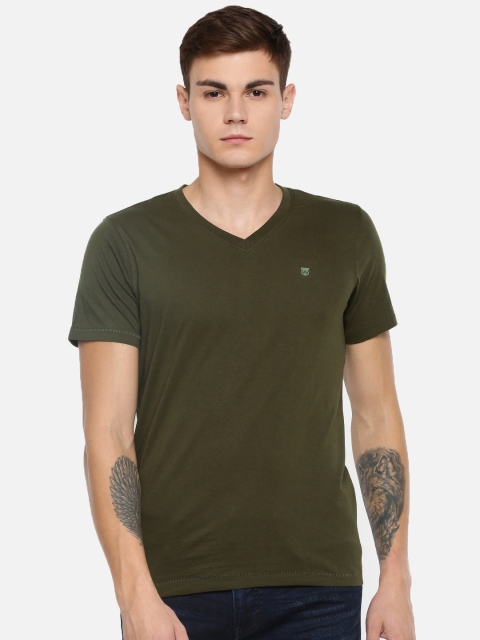 

Wrangler Men Olive Green Solid V-Neck Pure Cotton T-shirt