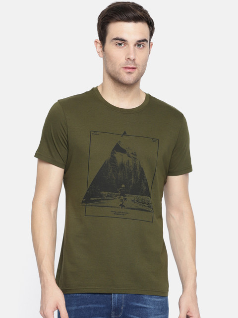 

Wrangler Men Olive Green Printed Round Neck Pure Cotton T-shirt