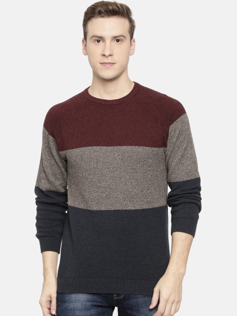 

Wrangler Men Burgundy & Navy Blue Colourblocked Pullover Sweater