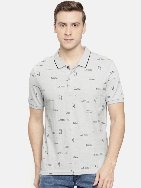 

Wrangler Men Grey Melange Black Printed Polo Collar Pure Cotton T-shirt