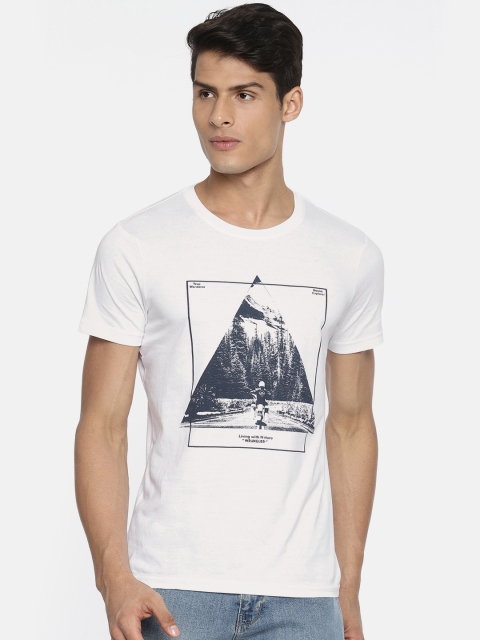 

Wrangler Men White Navy Blue Printed Round Neck Pure Cotton T-shirt