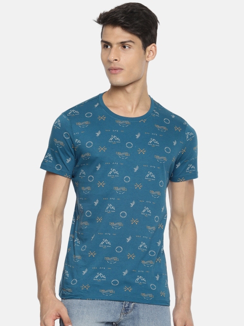 

Wrangler Men Teal Green Printed Round Neck Slim-Fit Pure Cotton T-shirt