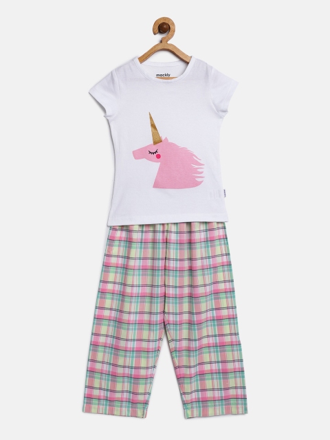 

mackly Girls White & Pink Printed Night suit