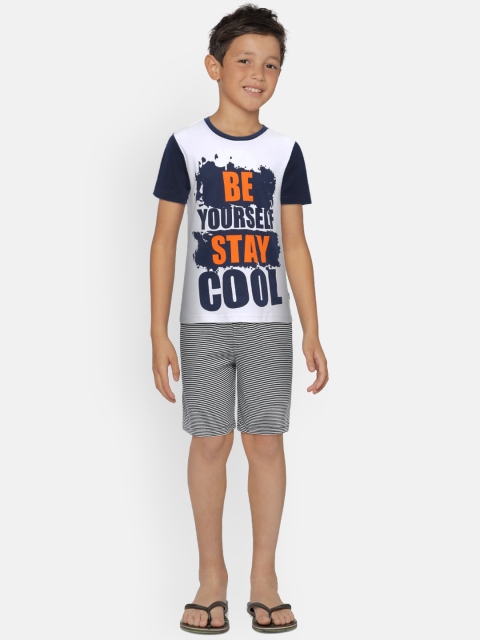 

mackly Boys White & Navy Blue Printed Night suit