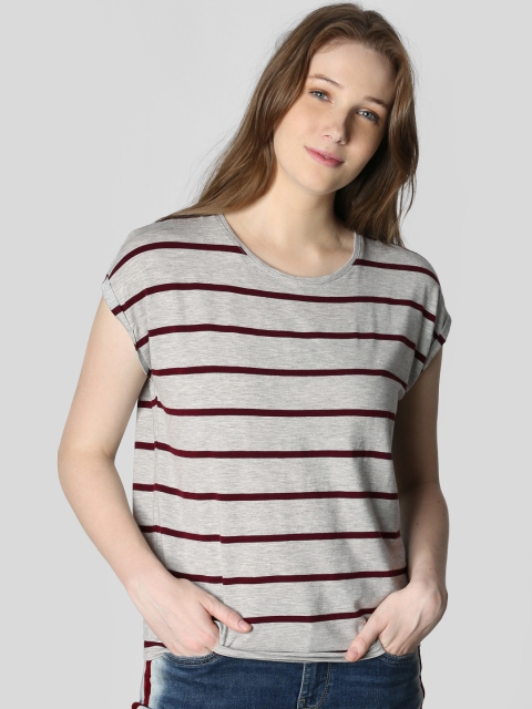 

Vero Moda Women Grey Melange & Burgundy Striped Round Neck T-shirt