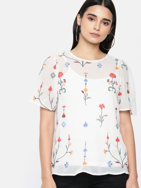 

Vero Moda Women White Floral Embroidered Semi-Sheer Top