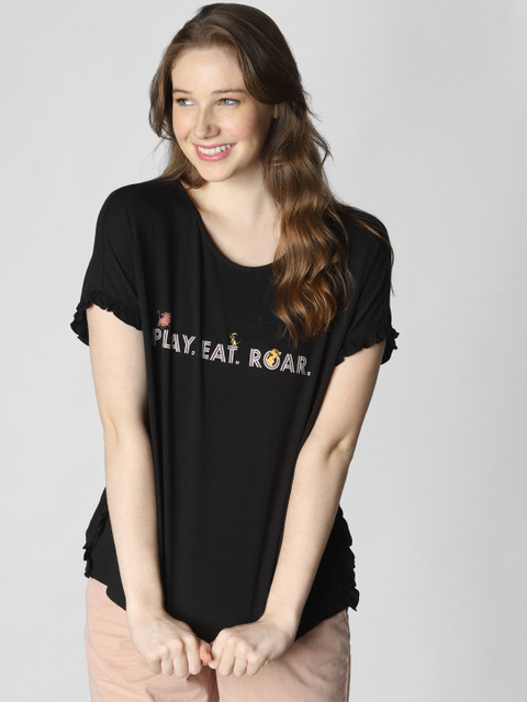 

Vero Moda Women Black Printed Round Neck Regular Top