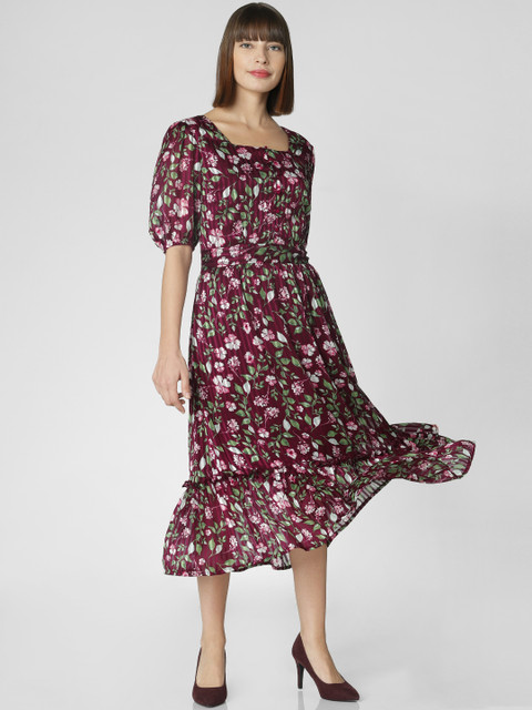 

Vero Moda Women Burgundy Floral Print Fit and Flare Midi Dress