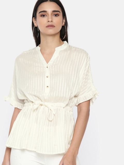 

Vero Moda Women Off-White Self Striped Semi Sheer Cinched Waist Top