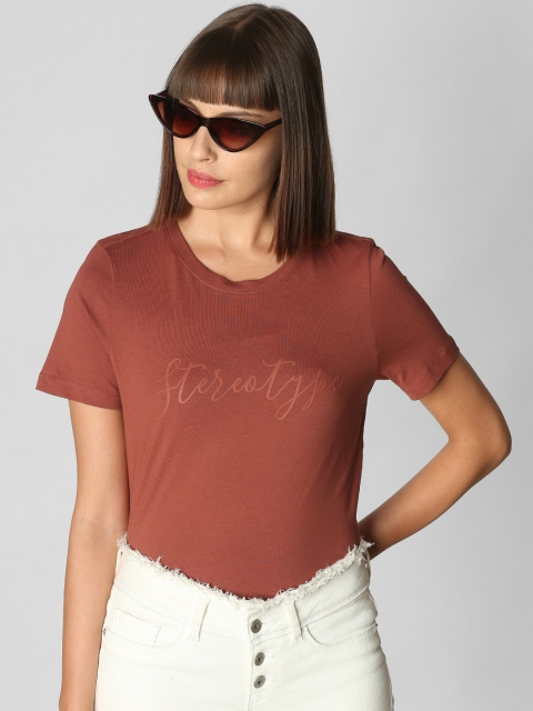 

Vero Moda Women Rust Brown Rubber Printed Round Neck T-shirt