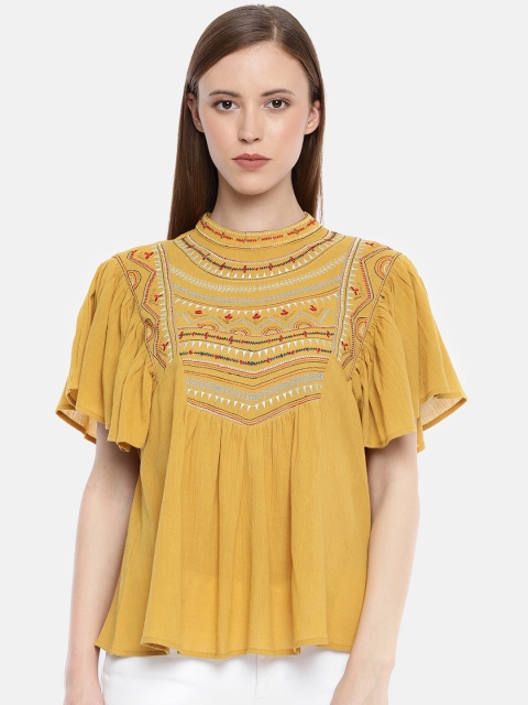 

Vero Moda Women Mustard Yellow Embroidered Regular Top