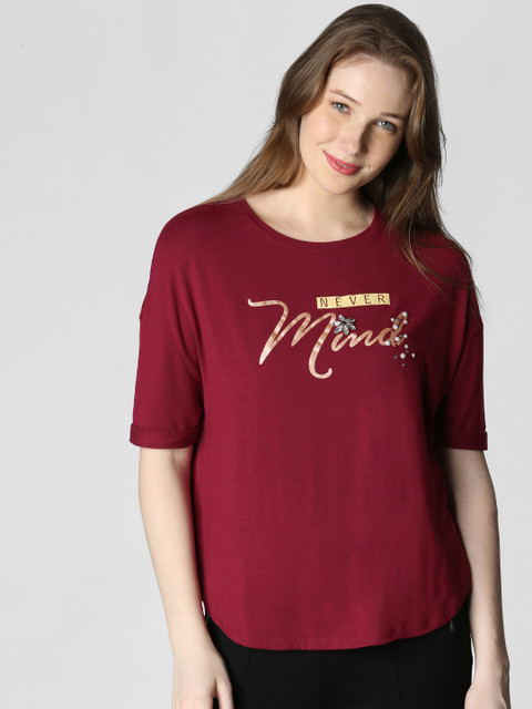 

Vero Moda Women Maroon Printed Round Neck T-shirt