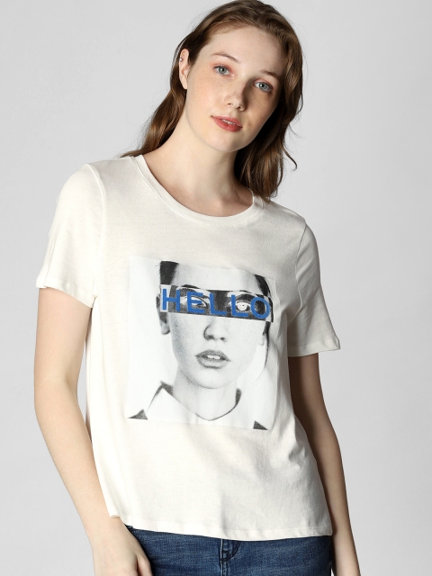 

Vero Moda Women White Printed Round Neck Pure Cotton T-shirt
