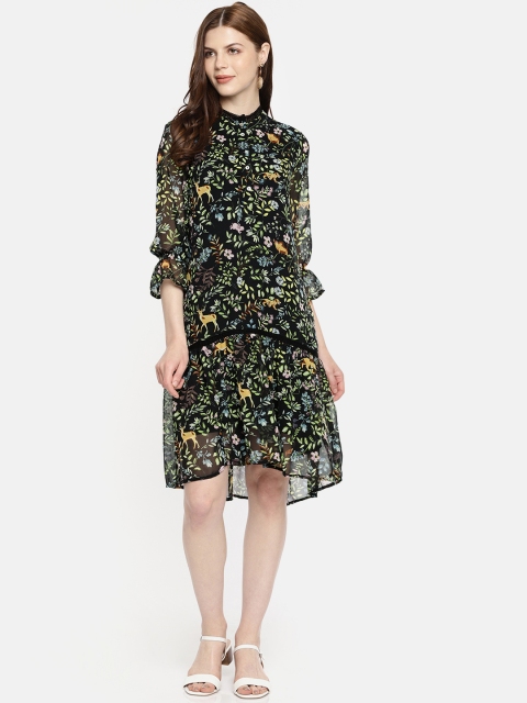 

Vero Moda Women Black & Green Printed Drop-Waist Dress