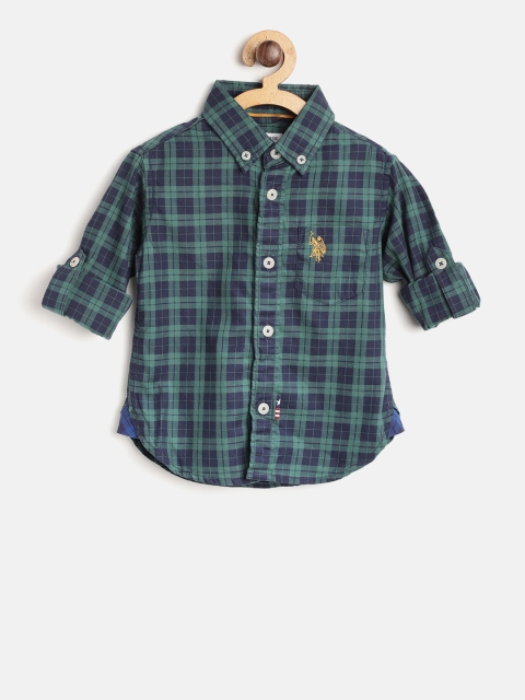

U.S. Polo Assn. Kids Boys Green & Navy Blue Regular Fit Checked Casual Shirt