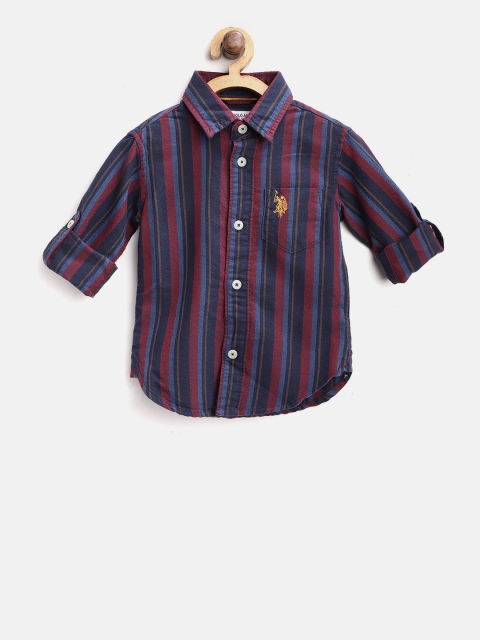 

U.S. Polo Assn. Kids Boys Navy Blue & Burgundy Regular Fit Striped Casual Shirt