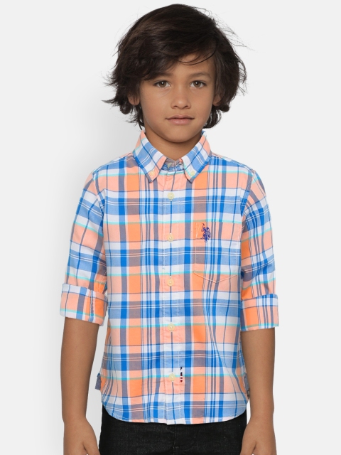 

U.S. Polo Assn. Kids Boys Peach-Coloured & Blue Regular Fit Checked Casual Shirt