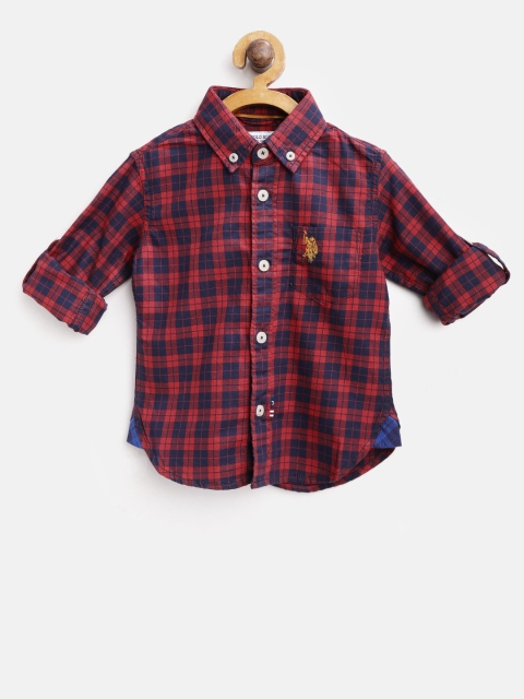 

U.S. Polo Assn. Kids Boys Red & Navy Blue Regular Fit Checked Casual Shirt