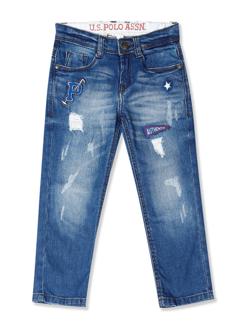 

U.S. Polo Assn. Kids Boys Blue Regular Fit Mid-Rise Mildly Distressed Stretchable Jeans
