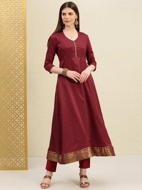

House of Pataudi Women Maroon Solid A-Line Kurta