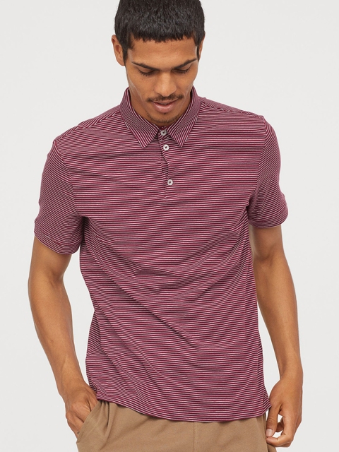 

H&M Men Maroon Striped Jersey Polo Shirt Slim Fit