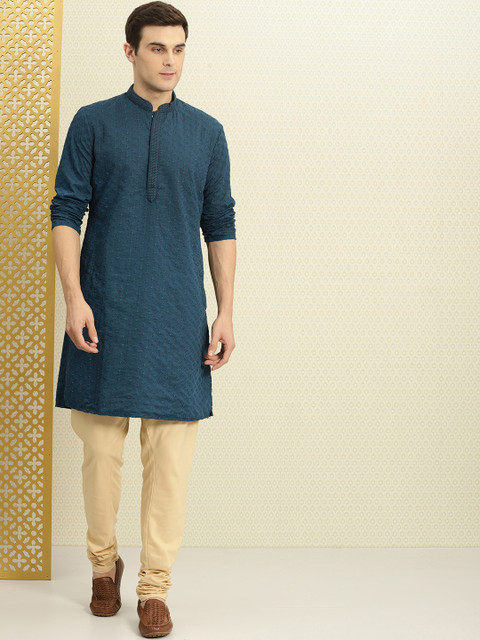 

House of Pataudi Men Teal Blue Woven Design Straight Kurta
