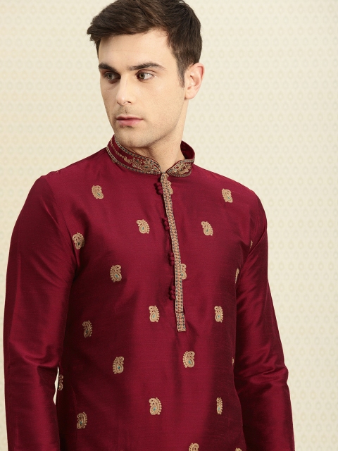 

House of Pataudi Men Maroon Embroidered Unstitched Kurta Material