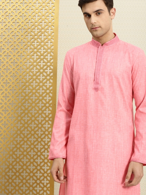 

House of Pataudi Men Pink Solid Unstitched Kurta Material