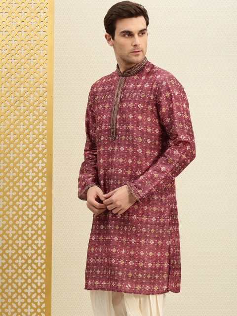 

House of Pataudi Men Pink & Beige Printed Straight Kurta