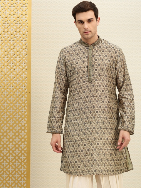 

House of Pataudi Men Beige Printed Straight Kurta