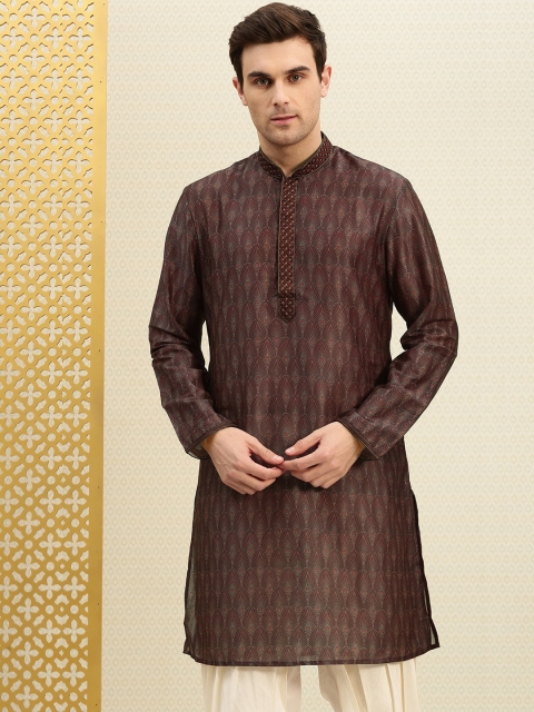 

House of Pataudi Men Brown Printed Straight Kurta