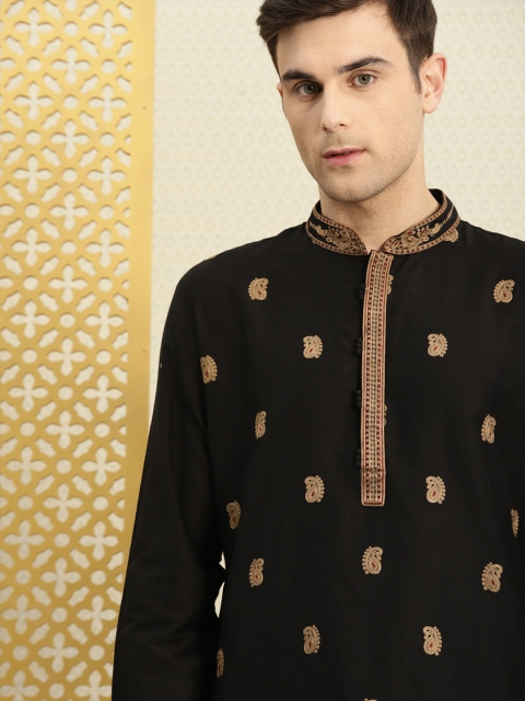 

House of Pataudi Men Black Embroidered Unstitched Kurta Material