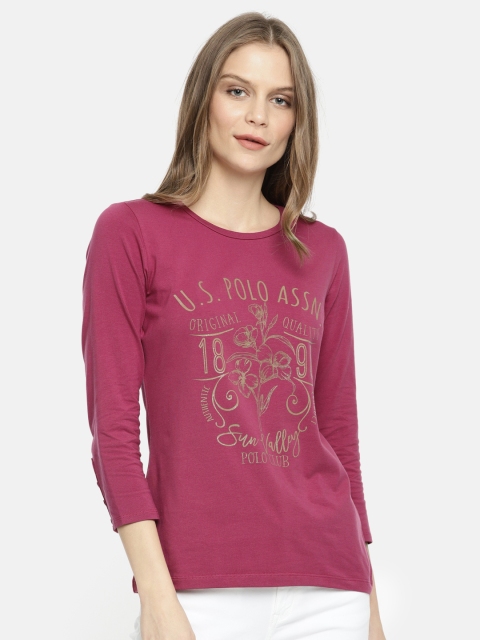 

U.S. Polo Assn. Women Mauve Pink Printed Round Neck T-shirt