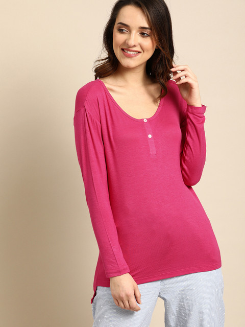 

DressBerry Women Pink Solid Henley Neck T-shirt