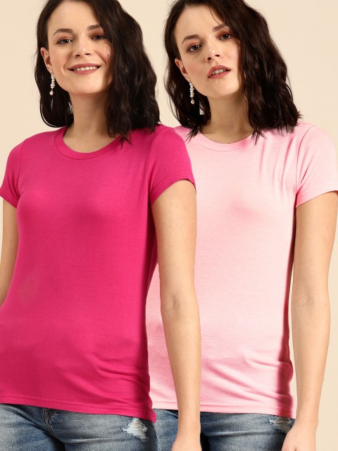 

DressBerry Women Pack of 2 Pink Solid Round Neck T-shirts