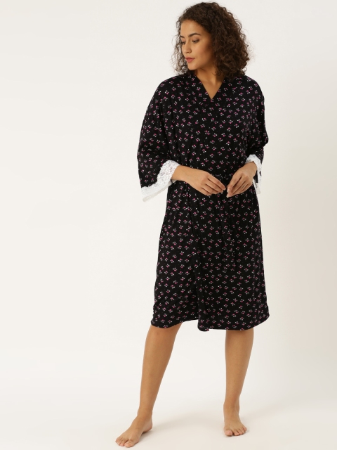 

DressBerry Womens Floral Printed Robe with Lace Detailing, Black