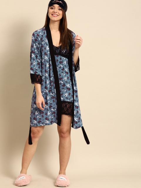 

DressBerry Women Blue & Maroon Printed Robe Set