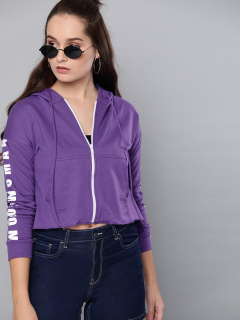 

Wonder Woman Women Purple Solid Cropped Hooded Sweatshirt